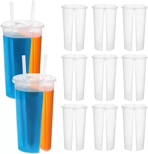 FAVOMOTO 20PCS Split Cup, Clear Double Grid Disposable Smoothie Tumblers Plastic Heart Shaped Couple Sharing Drinking Cup Hot and Cold Drink Mug for Milk Tea Juice