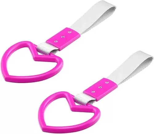 Fekey&JF 2PCS Tsurikawa Rings Heart-Shaped Car Hand Strap, Rear Bumper Warning Loop Janpanese Heart Handle for SUV, Subway, Bus, Auto Interior Exterior Warning Decoration (Deep Pink/White)