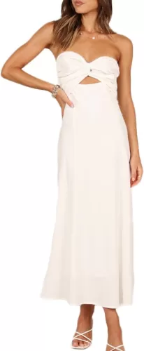 Fiemaoves Sexy Twist Front Strapless Sweetheart Neckline Midi Dresses for Women Smocked Cutout Tube Linen Dress Wedding Guest