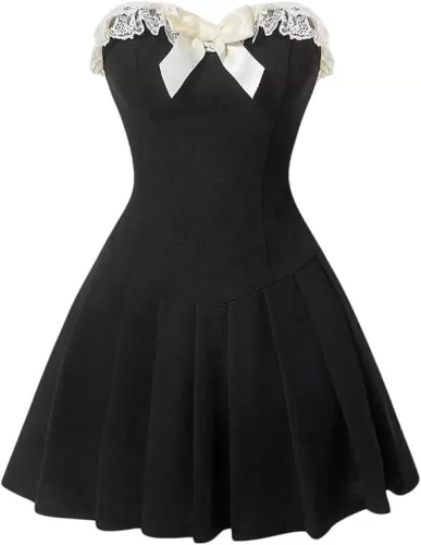 Floerns Women's Bow Decor Lace Trim Sweetheart Neck Strapless Tube Pleated Dress