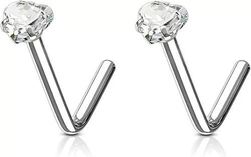 Forbidden Body Jewelry Heart Nose Stud and Ring - L Shaped Nose Rings, 18g 6mm Surgical Steel with 3mm Heart CZ Crystal
