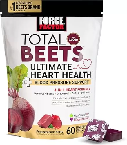 FORCE FACTOR Total Beets Ultimate Heart Health Blood Pressure Support Chews with CoQ10, Beet Root Powder, Grape Seed Extract, Blood Pressure Supplement for Circulation & Blood Flow, 60 Soft Chews