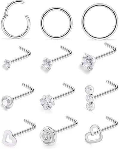 Ftovosyo 18G Nose Rings for Women Surgical Steel Nose Piercings Hypoallergenic Nose Rings Hoops Heart L-Shape Nose Studs