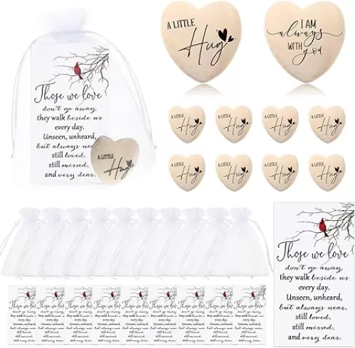 Fumete 25 Sets Funeral Favors for Guests Bulk Pocket Hug Wooden Heart Token with Red Cardinal Greeting Cards and Organza Bags Memorial Day Gifts for Church Family Celebrations of Life Favors