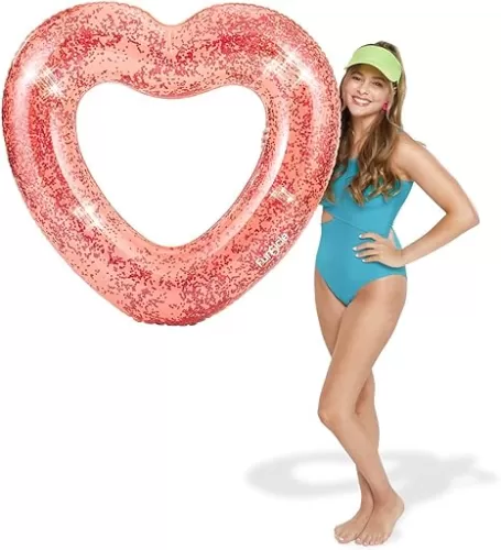 Funsicle 40" Glitter Heart FunTube, Inflatable Sparkling Heart Swim Tube, Rose, Age 9 & up, Unisex