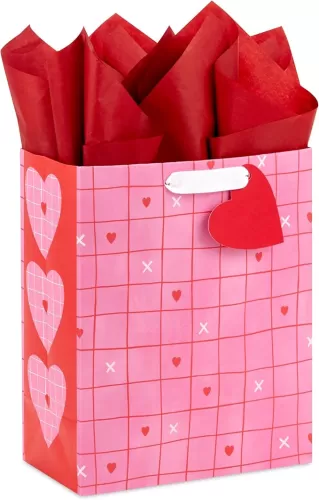 Hallmark 9" Medium Valentine's Day Gift Bag with Tissue Paper (Pink and Red Heart Grid)