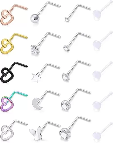 Hoeudjo 20Pcs 20G Surgical Steel Heart Nose Ring Studs Body Jewelry Piercing Retainer for Women Men CZ Inlaid 1.5MM-3.5MM