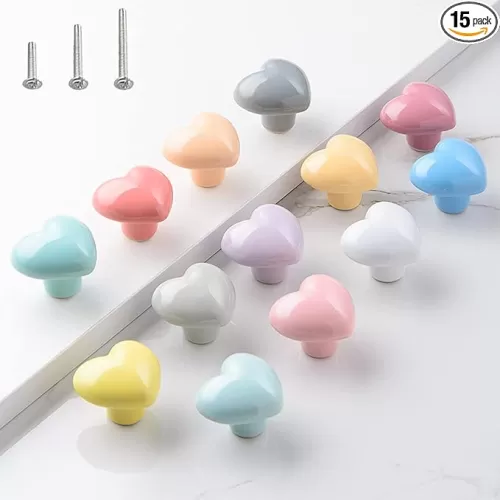 HUAMULAN 15PCS Glossy Ceramic Knobs Heart Shape Cabinet Dresser Pulls Door Handles Cupboard Wardrobe Drawer, 3 Size Mounting Screws, Assorted Color