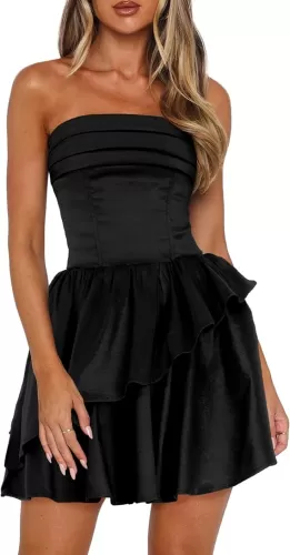 HYPERFIRE Women's Strapless Tube Satin Mini Dress Tiered Layered A-Line Short Formal Dresses