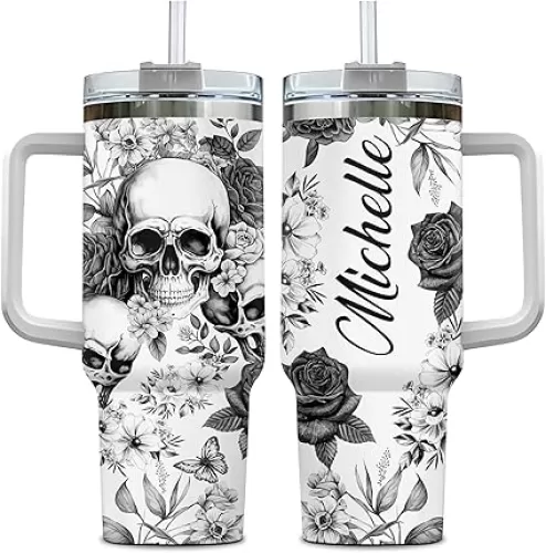 Hyturtle Personalized Skull Tumbler 40oz with Handle and Straw - Stainless Steel Travel Coffee Cup With Lid, Gift for Woman Skull Lovers - Floral Skull Travel Coffee Mug