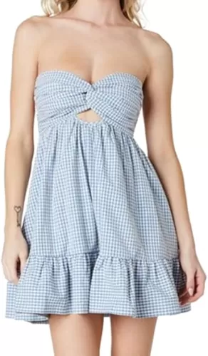 IMISSILLEB Women Strapless Mini Dress Sweetheart Neck Cutout Twist Front Ruffle Dress Off Shoulder Pleated A-Line Tube Dress
