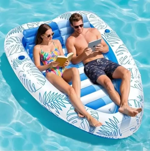 Inflatable Pool Lounge Floats with Cup Holders, 78" x 57" Large Pool Floats for Adults Heart Shape Tanning Pool Lounger