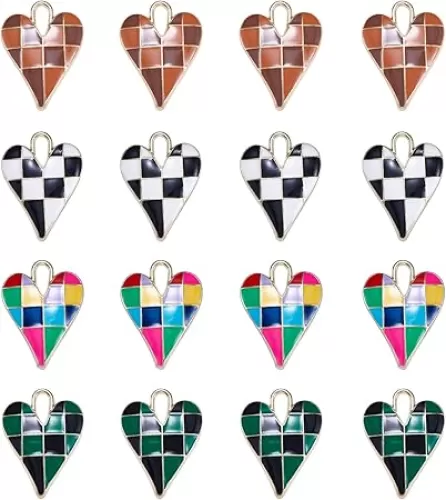 Ipotkitt 20Pcs Checkerboard Heart Alloy Enamel Charm Pendants Love Ornaments for Necklace Bracelet Jewelry Making Crafting Accessories - 34.5x25.5mm