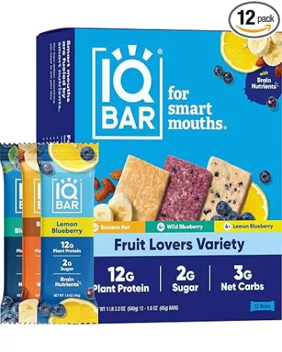IQBAR Brain and Body Plant Protein Bars - Fruit Lovers Variety - 12-Count Low Carb - Gluten Free, High Fiber, Vegan Snacks - Low Sugar Meal Replacement