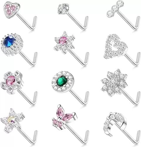 JeryWe 12Pcs Nose Studs 20g Nose Stud L Shaped Diamond CZ Nose Rings Stud for Women Surgical Steel Nose Rings Nose Screw Nose Piercing Stud Butterfly Heart Flower Nostril Jewelry Silver Rose Gold