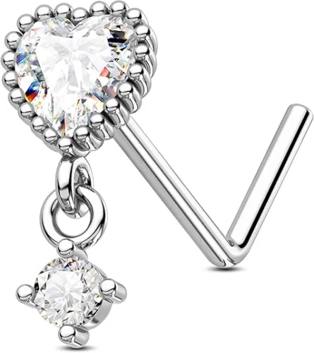 Jewseen 20G Nose Rings Heart Nose Studs Cute Nose Nostril Piercing Jewelry Dangle CZ Nose Piercing Jewelry Surgical Steel Nose Barbell L-Shaped Nose Rings Studs-Silver Heart for Valentines’ Day