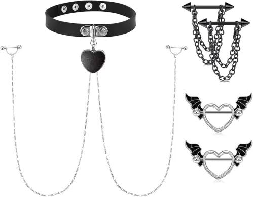 JFORYOU Nipple Ring with Choker Necklaces Stainless Steel Nipple Rings Chain Heart Cat Head Punk Chokers for Women Nipple Barbell Piercing Jewelry