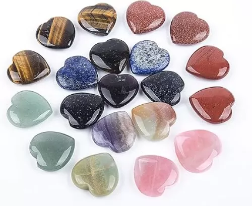 JIC Gem 20 pcs Mixed Crystal Heart Stones Heart Shape Chakra Stones 30mm Reiki Balancing Hand Carved Polished Palm Worry Stone Gift Jewelry Making and Collection