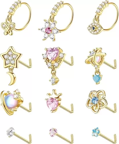 JOERICA 12 Pcs 20G Dangle Nose Rings and Studs for Women - L Shaped Stainless Steel Hoops With Butterfly, Heart, Moon, Flower, Evil Eye, Crown CZ Dangling Piercing Jewelry