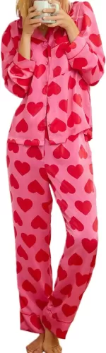 Juakoso Valentine's Day Pajamas Sets Women Cute Pink Heart Print Pjs Sets Shirt Top Pants 2 Piece Sets Sleepwear