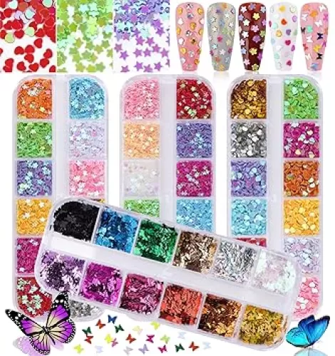 Kalolary 4boxes Butterfly Heart Shape Nail Art Glitter Sequins, Laser Holographic 3D Thin Star Heart Butterfly Plum Blossom Glitter for Valentine's Day Nail Art Decoration Resin Mold DIY