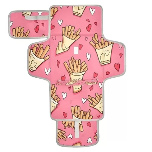 Kigai Fries and Hearts Portable Changing Pad Travel Waterproof Foldable Baby Changing Pad Baby Diaper Mat for Newborn Girls and Boys