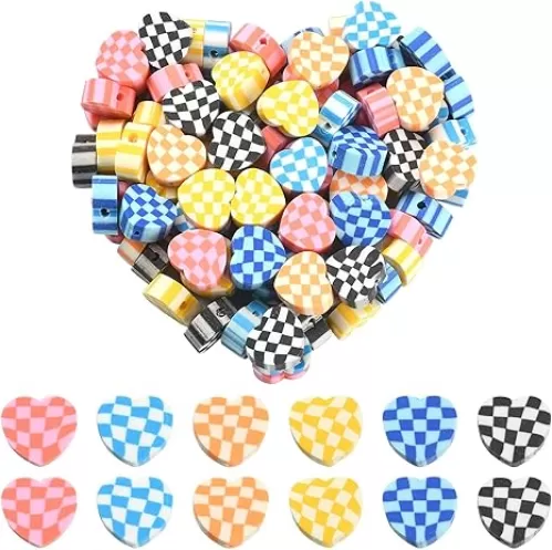 KitBeads 180pcs Polymer Clay Heart Shaped Beads Colorful Grid Heart Beads Romantic Love Heart Beads for Jewelry Making Bracelets Bulk, YH-CLAY-CJ0001-60