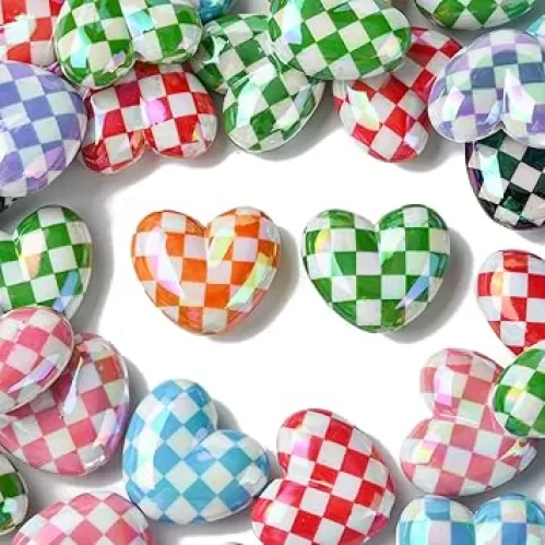 KitBeads 30pcs Random Plated Colorful Grid Heart Beads for Jewelry Making Bracelets - Valentine's Day Shaped Bulk