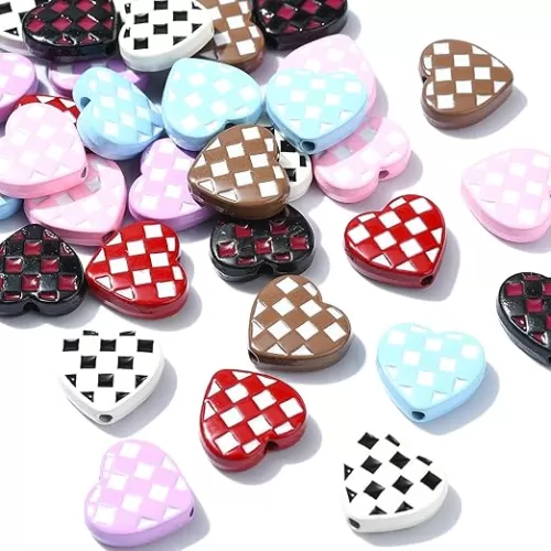 KitBeads 35pcs Tarten Pattern Heart Beads Velentine Heart Checkerboard Plaid Beads Enamel Heart Shaped Beads for Jewelry Making Bracelets Crafts Bulk