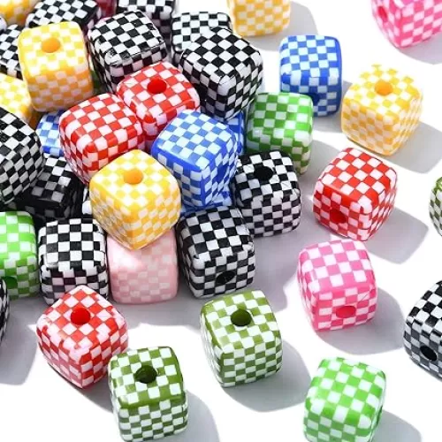 KitBeads 50pcs Random Acrylic Cube Beads - Colorful Square Tartan Pattern Checkered Beads for Jewelry Making Bracelets Necklace Keychain Craft Bulk