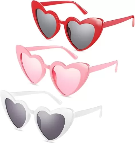 Konohan 3 Pairs Heart Sunglasses for Women Vintage Heart Shaped Sun Glasses Retro Cute Bachelorette Glasses for Summer Beach Party, White, Red, Pink