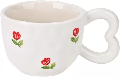 Koythin Ceramic Coffee Mug, Cute Creative Heart Handle Mug Design for Office and Home, Dishwasher and Microwave Safe, 10.5 oz/300 ml for Latte Tea Milk (Vintage Rose)