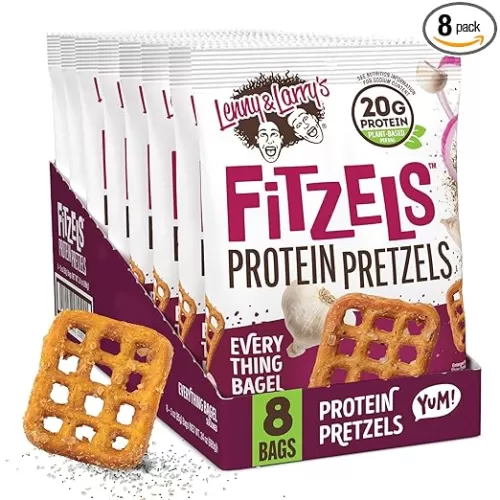Lenny & Larry's Everything Bagel FITZELS- Savory Pretzel Snacks Incredibly Tasty, High Protein Salty, Vegan, 20 g's of Plant Based Protein 8 (eight) Bags, 3 oz Each