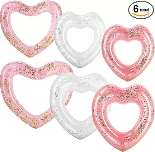 Lenwen 6 Pcs Heart Pool Float, 43"/31" Inflatable Glitter Heart Floatie Tubes Heart Bachelorette Party Prop Heart Summer Swimming Ring for Wedding Betrothal Party Decor