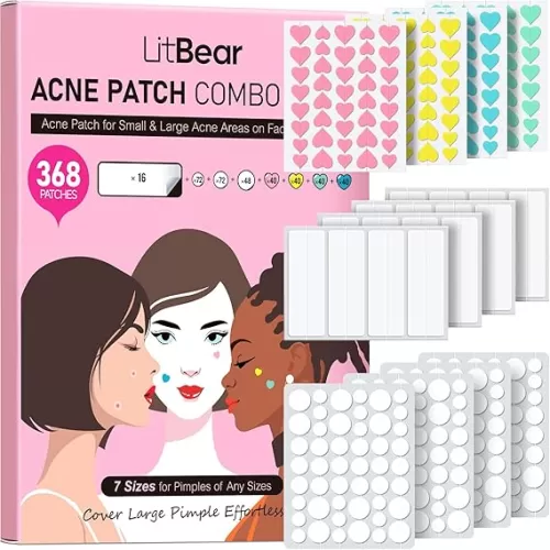 LitBear 3 IN 1 Acne Patch for Face, 7 Sizes 368 Patches Hydrocolloid Acne Patches for Chin, Forehead, Nose, 16 XL Pimple Patches Large for Body, Heart-Shaped Acne Cover Zit Patches Acne Dots Sticker