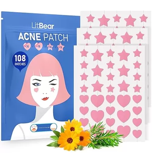LitBear Acne Patch Pimple Patch, Pink Heart & Star Shaped Absorbing Cover Hydrocolloid Patches For Face Zit, Acne Dots, Tea Tree Oil + Centella (108 Count (Pack of 1))