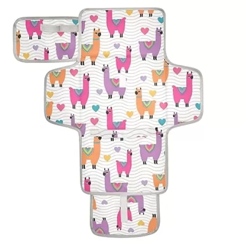 Llamas Hearts Beige Portable Diaper Changing Pad Waterproof Foldable Baby Changing Mat with Built-in Pillow Wipes Pocket Storage – Compact and Lightweight for Newborn Baby Boys Girls