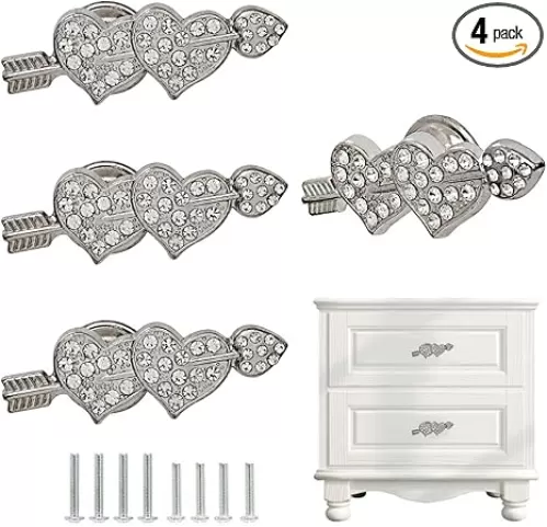 Love Knobs for Drawers, Dressers, Kitchen Cabinets, Valentine Cupid Decorative Knobs, Metal Handle Pull, Single Hole 4 Pack (Silver)