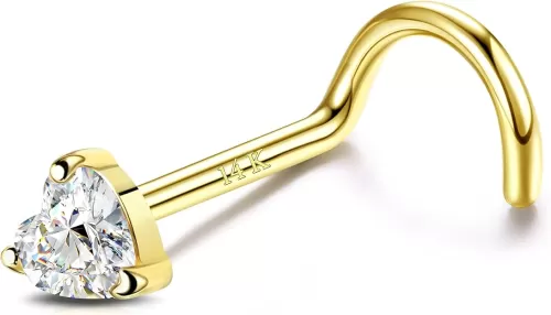 LOYALLOOK 14K Real Gold Nose Studs Heart Simulated Diamond CZ Corkscrew Nose Ring Solid Gold Heart Hypoallergenic Piercings for Women Men 18G 20G