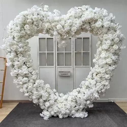 Lucky flower 2.2m 5D Heart-Shaped Floral Arrangement, Wedding Backdrop Decor Artificial Flowers for Event Stage Party Window Display (White2, 2.2 * 2.2m)