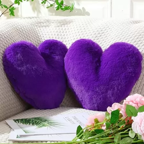 Marsui 2 Pcs Fluffy Heart Shaped Pillow Plush Cute Heart Shaped Throw Cushion Stuffed Decorative Gift Throw Pillow for Couch Bed Sofa Decoration Women(Royal Purple, 11.81 x 11.02 Inch)