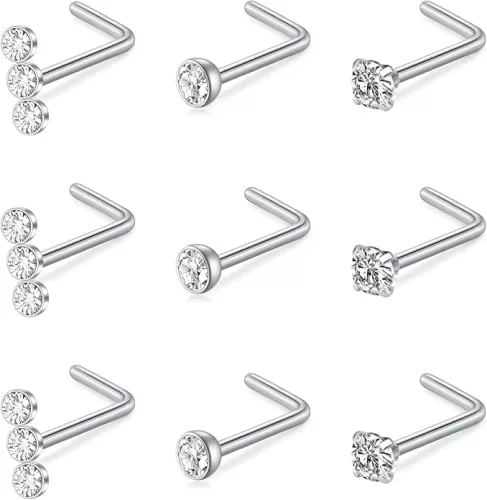 Mayhoop 20G Stainless Steel Nose Rings Studs L Shape Bone Diamond Heart Corkscrew Nose Ring Nostril Piercing Jewelry for Women Men