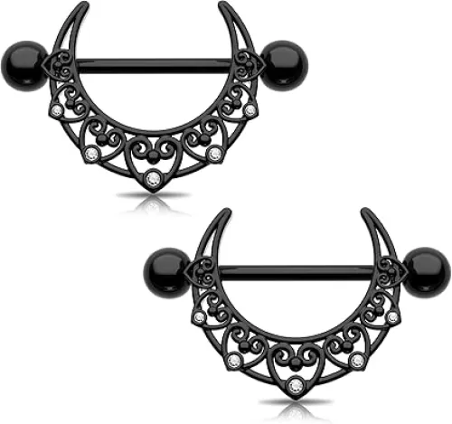 Melighting Black Moon Nipple Piercing Jewelry - 14G Stainless Steel 316L Heart Nipple Barbell