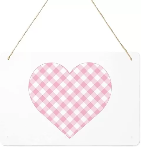 Metal Tin Sign Wall Art Decor Romantic Heart Shaped Pink White Buffalo Checker, Welcome Tin Signs for Home Office Kitchen Coffee Bar White Metal Signs Farm Garden Yard Decor