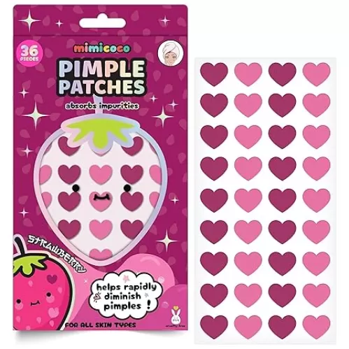 Mimico Pimple Patches - Star Circle Heart Shapes Pimple Patches Stars for All Skin Types - Helps Diminish Pimples, Cruelty Free Pimples Patche Cute Design (Strawberry - 36 Pcs)