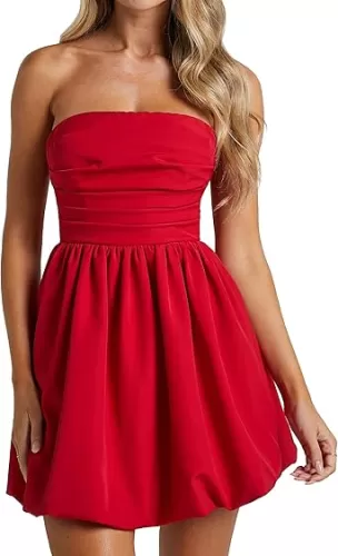 MISSACTIVER Women's Strapless Tube Top Mini Dress Ruched Sleeveless Off Shoulder Flared Short Dress Summer Party Club Dresses