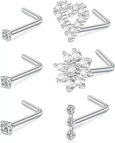 MODRSA Nose Studs 20g 22g Nose Stud L Shaped Diamond Nose Rings Stud for Women Surgical Steel Nose Rings Nose Screw Nose Piercing Stud Flower Heart Nostril Jewelry Silver Rose Gold