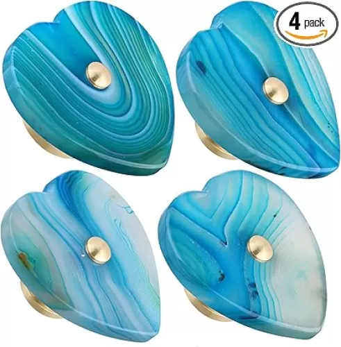 mookaitedecor Set of 4 Heart Shaped Agate Slice Drawer Knobs Pulls Handle for Decorative Dressers Kitchen Cabinet Door, Blue