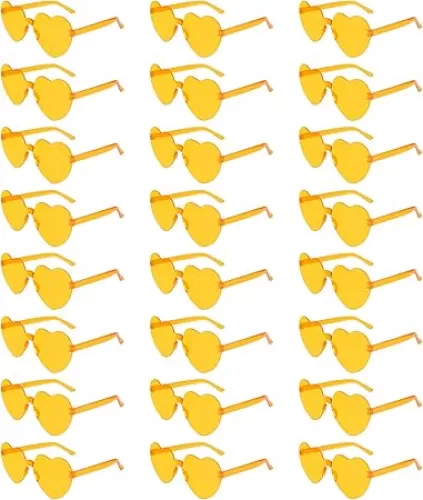 NACHLYNN 24 Pcs Yellow Heart Sunglasses for Women Rimless Heart Shaped Sunglasses Transparent Candy Color Heart Glasses for Party Favors