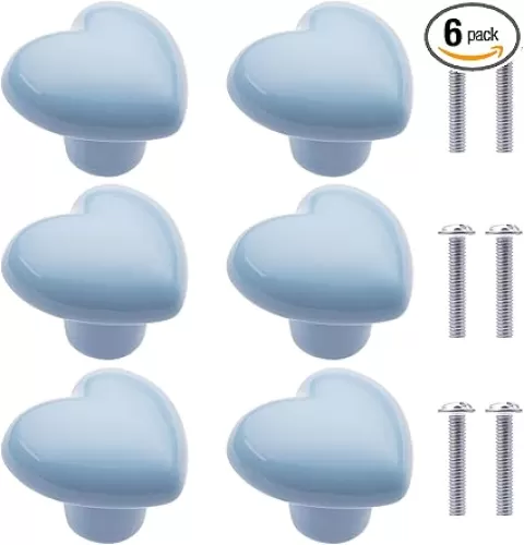 NAKUPENDA 6Pcs Ceramic Cabinet Knobs Heart Shaped Furniture Knobs Ceramic Kitchen Cabinet Dresser Pulls Handles for Furniture Cupboard Closet Children's Room Armoires (Blue)